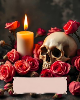 A warm candle flickers beside a skull, all set among vibrant dried roses. A blank card offers space