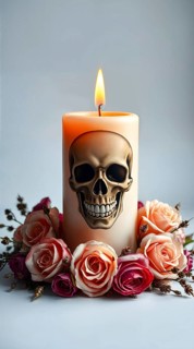 A striking gothic candle featuring a detailed skull design glows warmly at the center, encircled by