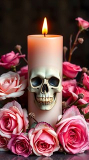 A lit gothic candle features a detailed skull design, surrounded by soft pink roses. The warm flame