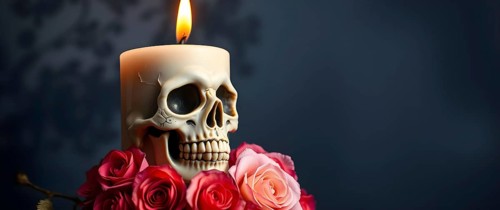 A skull candle flickers softly atop a bed of dried roses, creating a hauntingly beautiful display