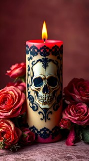 A striking skull-adorned ornamented candle glows with a warm flame, surrounded by vibrant red roses
