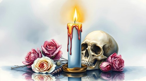 A blue candle burns steadily with melting wax dripping down, placed next to a human skull. Soft