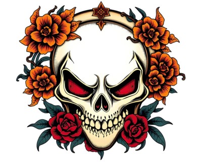 A striking design features a skull surrounded by vibrant flowers, blending elements of life and