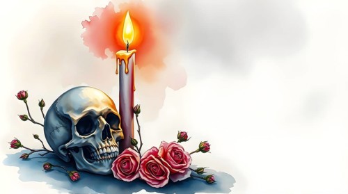 A candle burns softly next to a skull, surrounded by delicate roses, watercolor painting style. The