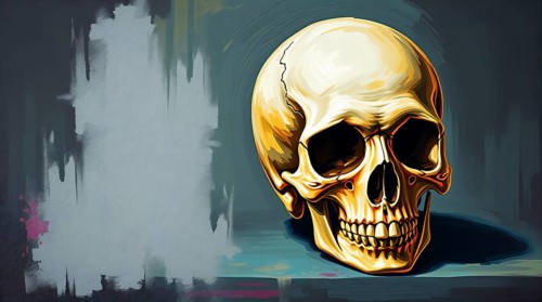 A detailed illustration of a human skull showcases vibrant colors and intricate shading. The skull