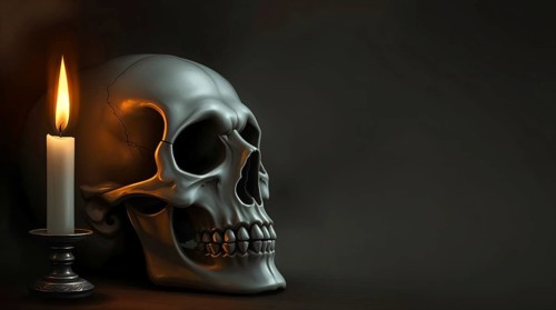 A skull is lit by a single candle, creating an eerie and mysterious atmosphere. AI generated