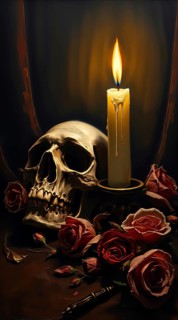 A glowing candle stands beside a golden skull, surrounded by red roses. The painted scene is dimly