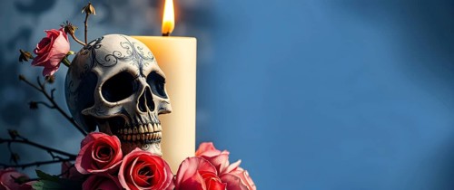 A detailed skull is surrounded by vibrant pink roses and a lit candle. This setting creates a