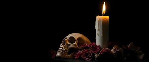 A gothic candle melts wax onto an old skull, with dried roses decorating the scene. The intense