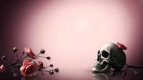 A candle stands beside an old skull adorned with dried roses against a soft pink backdrop. This