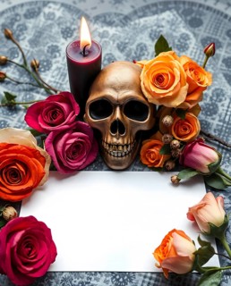A gothic candle flickers beside a golden skull, while vibrant dried roses create an elegant border