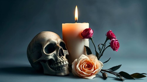 A skull beside a lit candle and roses creates a dark, moody still life with warm, mysterious