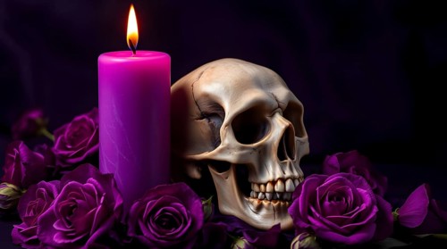 A human skull sits next to a glowing purple candle, surrounded by vibrant purple roses on a dark
