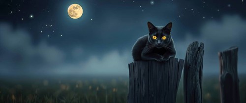 A black cat with bright yellow eyes perches on an old wooden post. The full moon lights up the