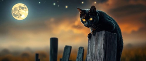 A black cat with striking yellow eyes sits gracefully on a weathered wooden post. The bright full