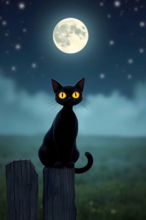 A black cat with bright yellow eyes sits on an old fence post. The full moon shines brightly