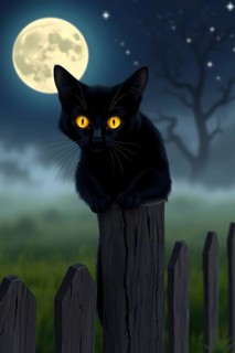 A black cat with glowing yellow eyes perches on a wooden fence post. The scene features a
