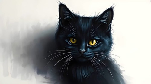 Black cat with striking yellow eyes staring at the viewer in a realistic artistic style, painted on