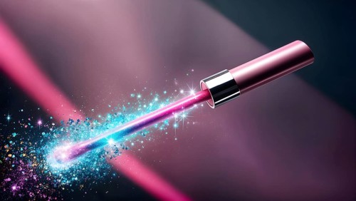 A vivid lip gloss wand emitting colorful sparkles and glitter in a magical, enchanting setting. AI
