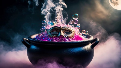 A cauldron filled with vibrant pink bubbles emits smoke as a decorative masquerade mask floats on