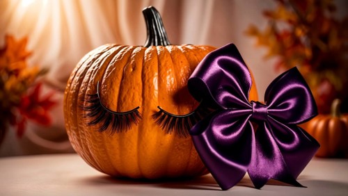 A vibrant orange pumpkin adorned with long eyelashes on a table. A shiny purple bow sits nearby,