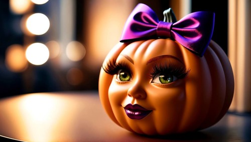A creative pumpkin design featuring a doll-like face with large green eyes, bold eyelashes, and a