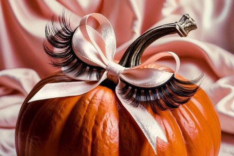 A pumpkin decorated with false eyelashes and a ribbon, set against pink fabric, creating a