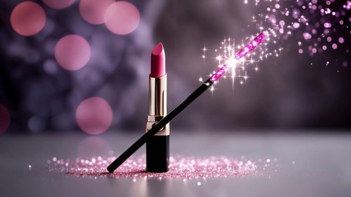 A vibrant pink lipstick stands upright next to a magic wand, shimmering with sparkles. This