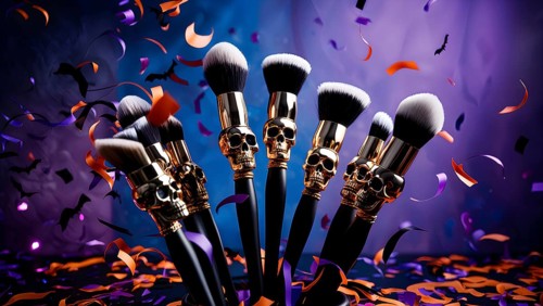Unique makeup brushes featuring a skull design are beautifully arranged, surrounded by colorful