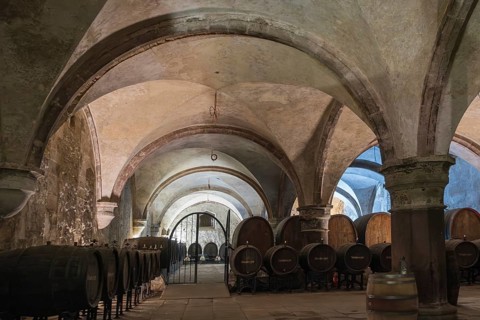 Wine cellar, former hospital, Eberbach Abbey, Cistercian Order, Eltville, Rheingau, Hesse, Germany