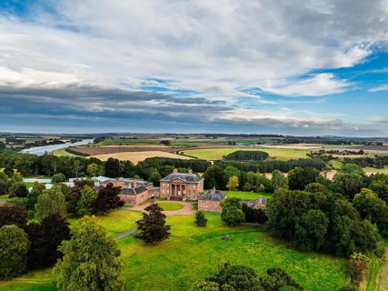 Paxton House over River Tweed from a drone, Paxton, Berwick-upon-Tweed, Berwickshire, Scotland, UK