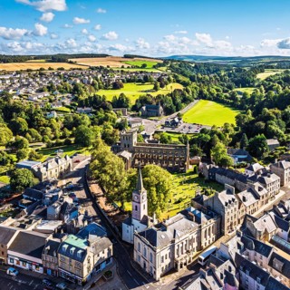 Jedburgh Abbey from a drone, Augustinian Abbey, Jedburgh, Scottish Borders, Scotland, UK