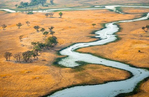 River landscape, idyllic river course, savanna, aerial view, Okavango Delta, Botswana