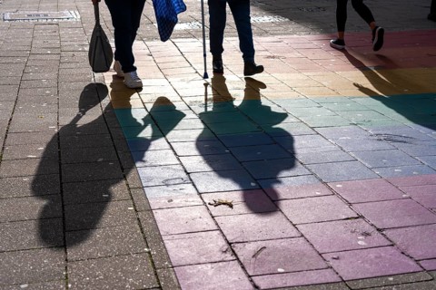 Shadows of passers-by shopping in the city center, Essen, North Rhine-Westphalia