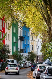 Residential buildings in Düsseldorf-Bilk, facades with different colors, rental apartments, past,