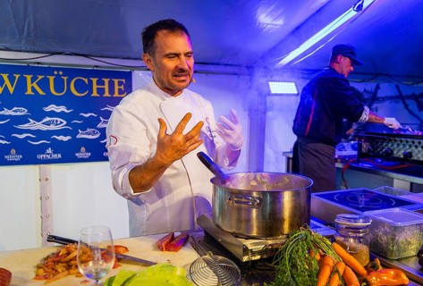 Fish and Forest Festival Moritzburg, show chef Daniel and fish sommelier Sandro Dietrich in action,
