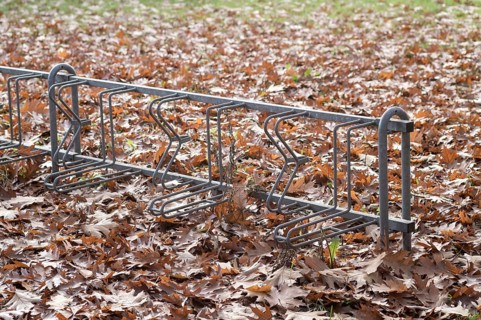 Borken, NRW, Germany, REmpty metal bike rack standing in a park surrounded by dry brown autumn