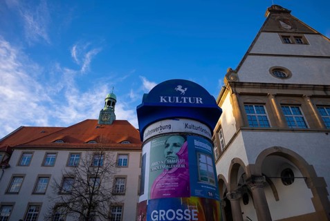 Outdoor advertising, advertising column, town hall, Bürgerbüro, Feuerbach district, Stuttgart,