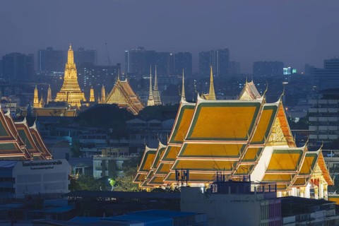 Panorama from Golden Mount to illuminated Wat Ratchabophit, Wat Rachapradit, Wat Pho and Wat Arun,