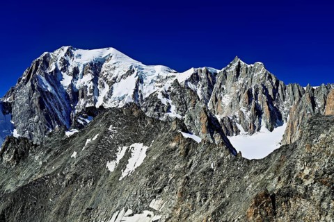 From the left, the mountains, Mont Blanc, Mont Maudit, Pointe Helbronner viewing terrace,