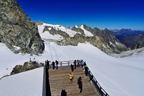 Pointe Helbronner observation terrace with view of the mountain station, Aiguille du Midi,