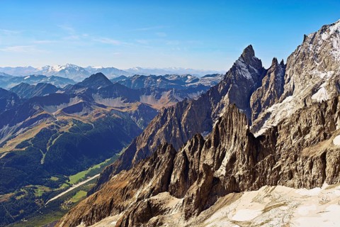 View of the mountain l'Aiguille Noire de Peuterey, in the back the Italian Alps, Pointe Helbronner