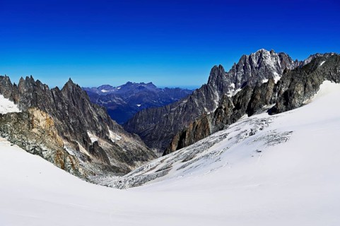 View from the Télécabine Panorama Mont-Blanc of the mountains Aiguille Vert, Les Droites, Les