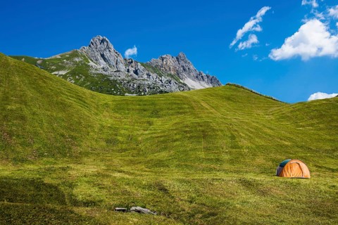 Mountain landscape and single tent, Auenfeldalpe, Warth, Bregenzerwald, Vorarlberg, Alps, Austria