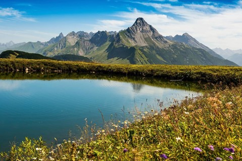 Mountain landscape and picturesque little lake, Saloberkopf, Warth, Bregenzerwald, Vorarlberg,