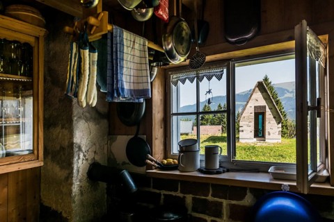 Ancient alpine hut and modern chapel, Alm Enge, Hirschau, Kanisfluh, Bregenzerwald, Vorarlberg,