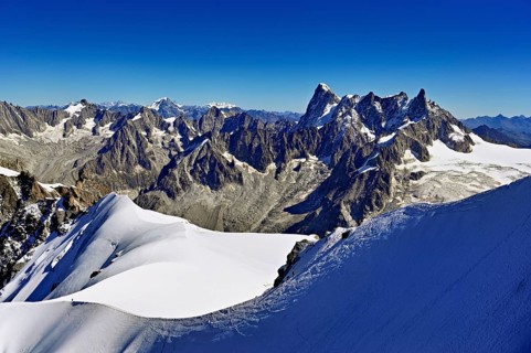 Snow-covered mountain ridge, behind Aiguille Verte, Les Droites, Les Courtes, Grandes Jorasses,