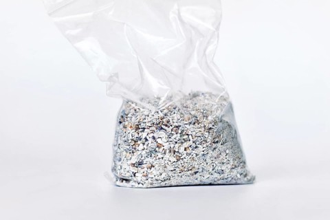 Plastic bag containing ash of a pet cat after cremation on white background