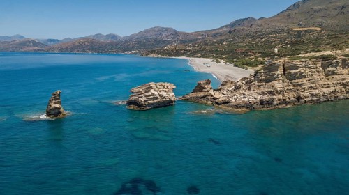 Aerial view from the front Excursion destination Triopetra three rocks rocky landscape next to the