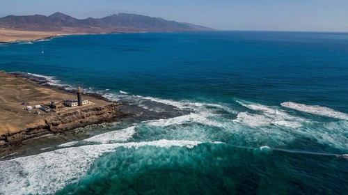 Aerial view of Faro Punta de Jandia lighthouse at the southern tip of Jandia peninsula, in the